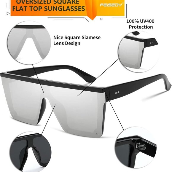 Oversized Sunglasses Mens Womens Flat Top Square Trendy Visor Shades UV400 B2470 - Picture 4 of 8